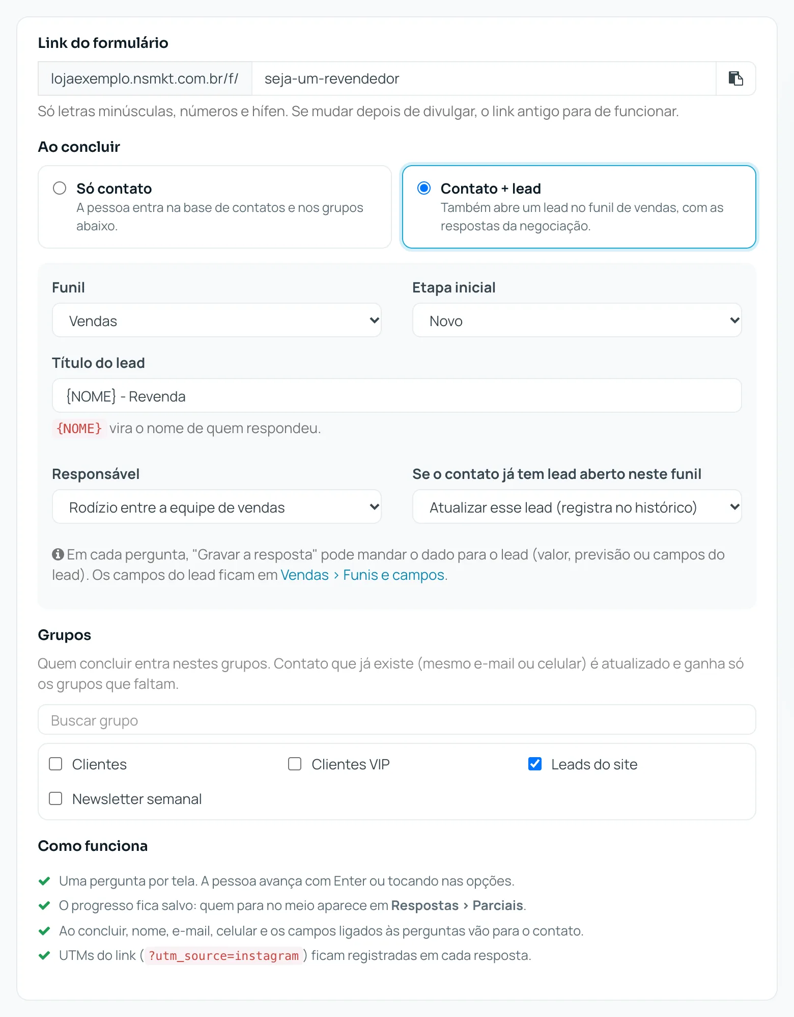 Aba Link e destino do editor de formulário