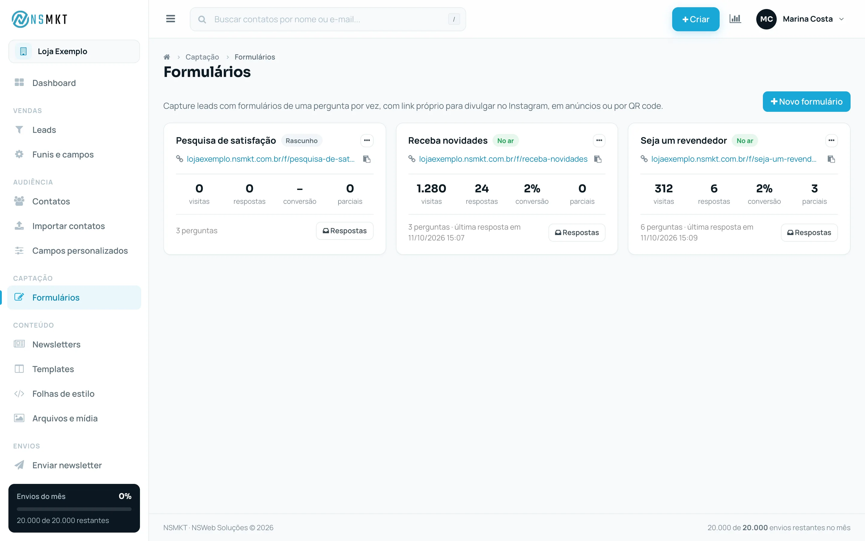 Lista de formulários com visitas, respostas, conversão e parciais