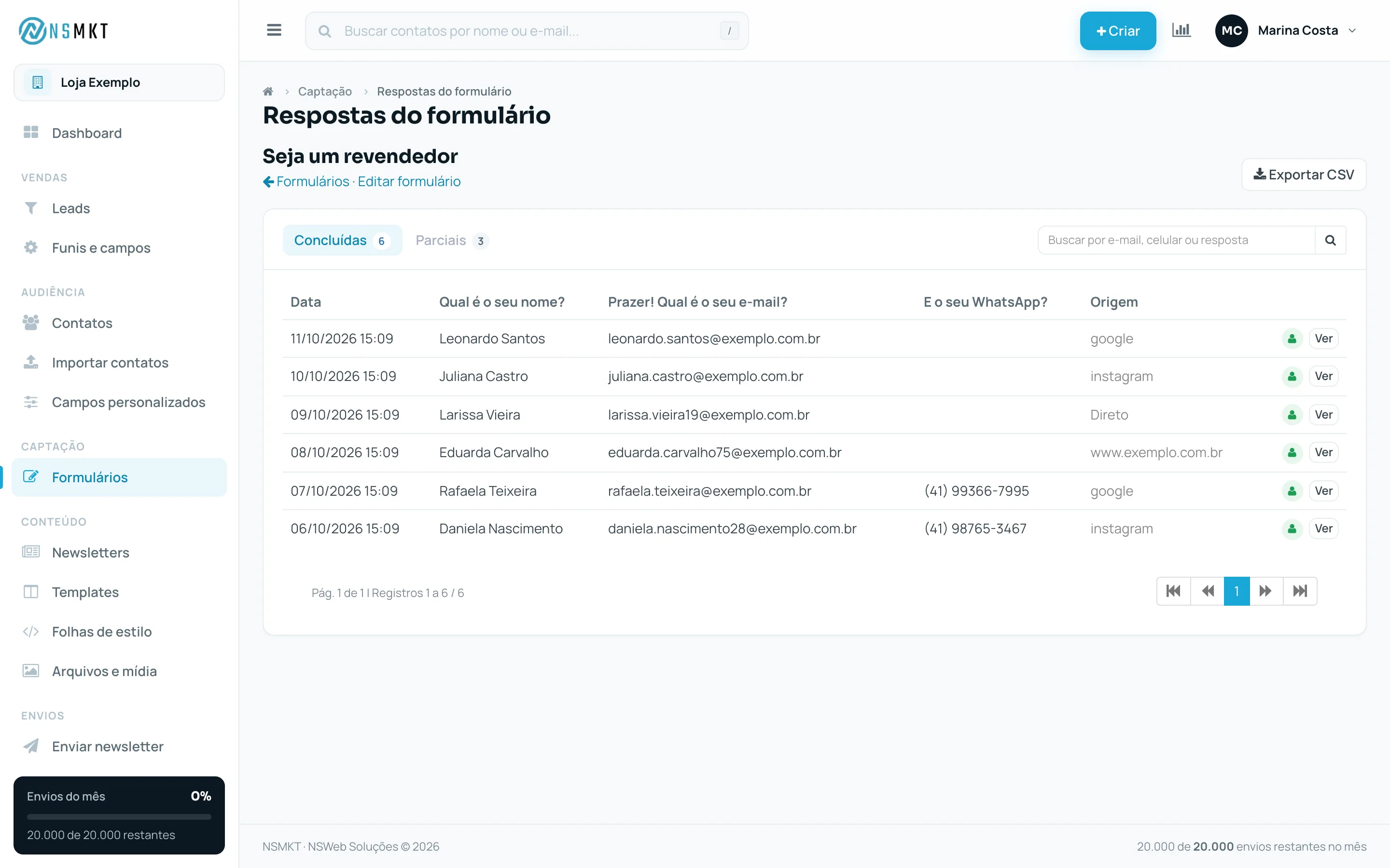 Tela de respostas com as abas Concluídas e Parciais