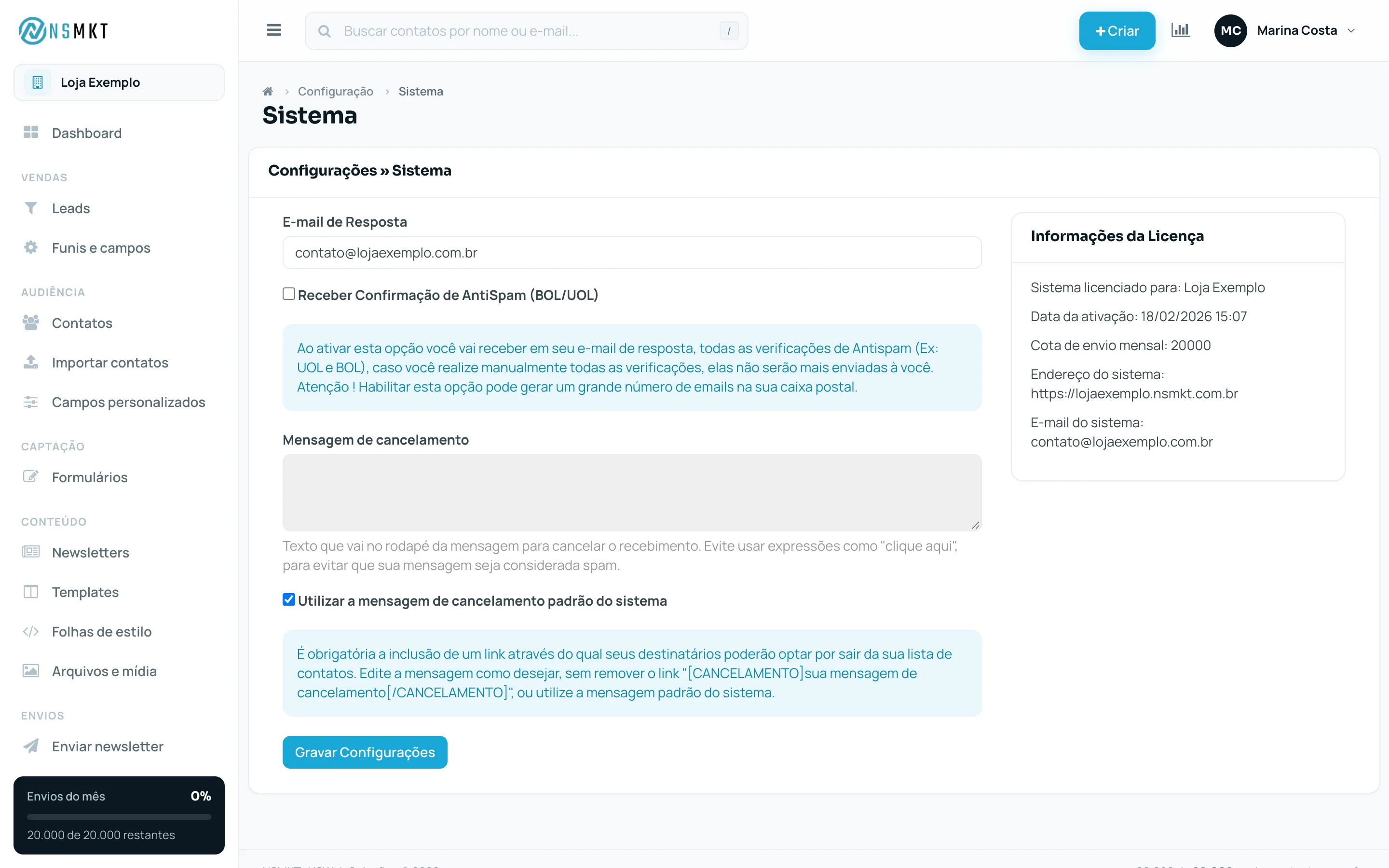 Tela Configuração > Sistema