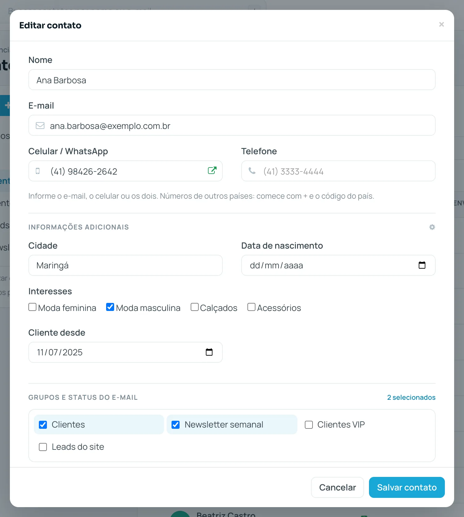 Janela Editar contato