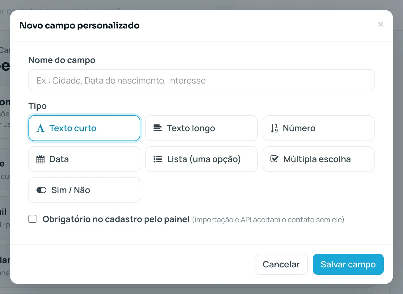 Janela Novo campo personalizado