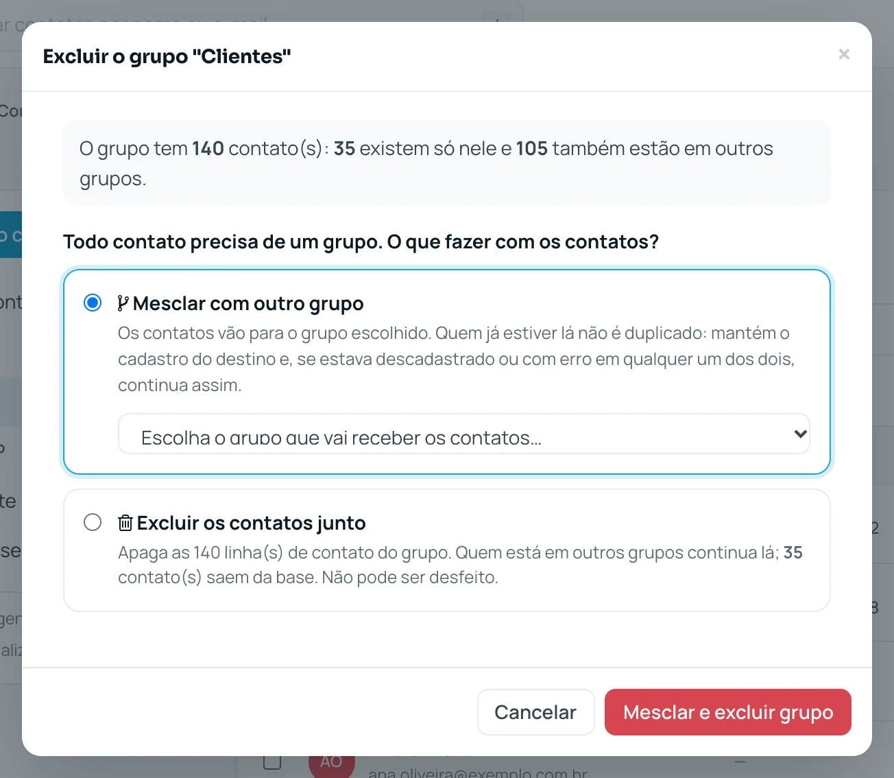Janela de exclusão de grupo