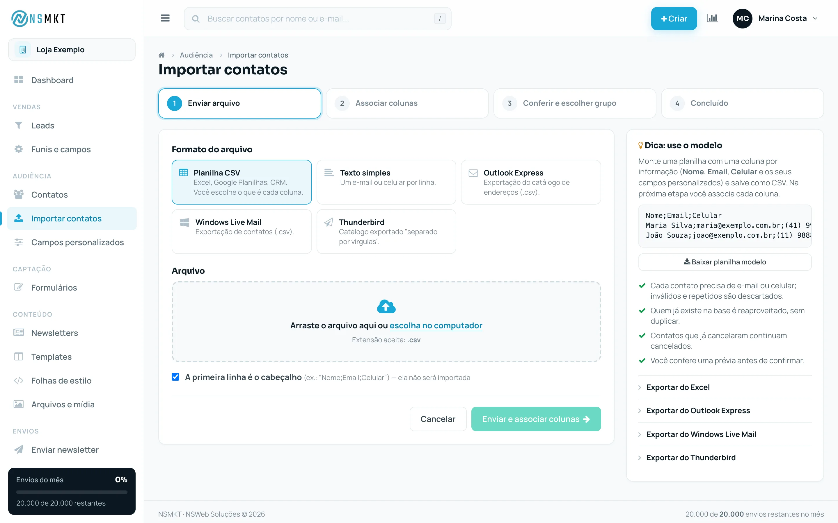 Etapa Enviar arquivo da importação