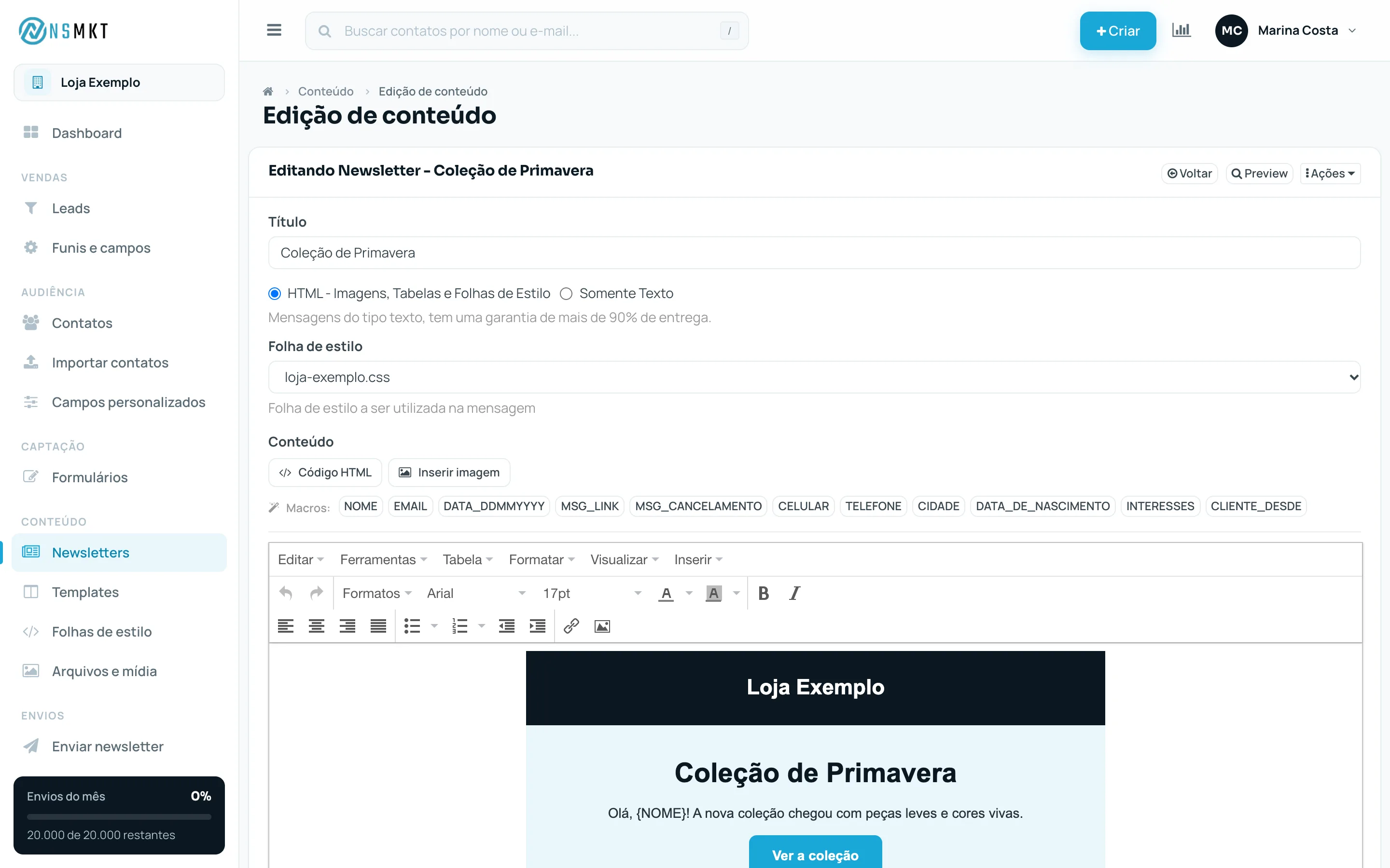 Editor de newsletter com a barra de macros