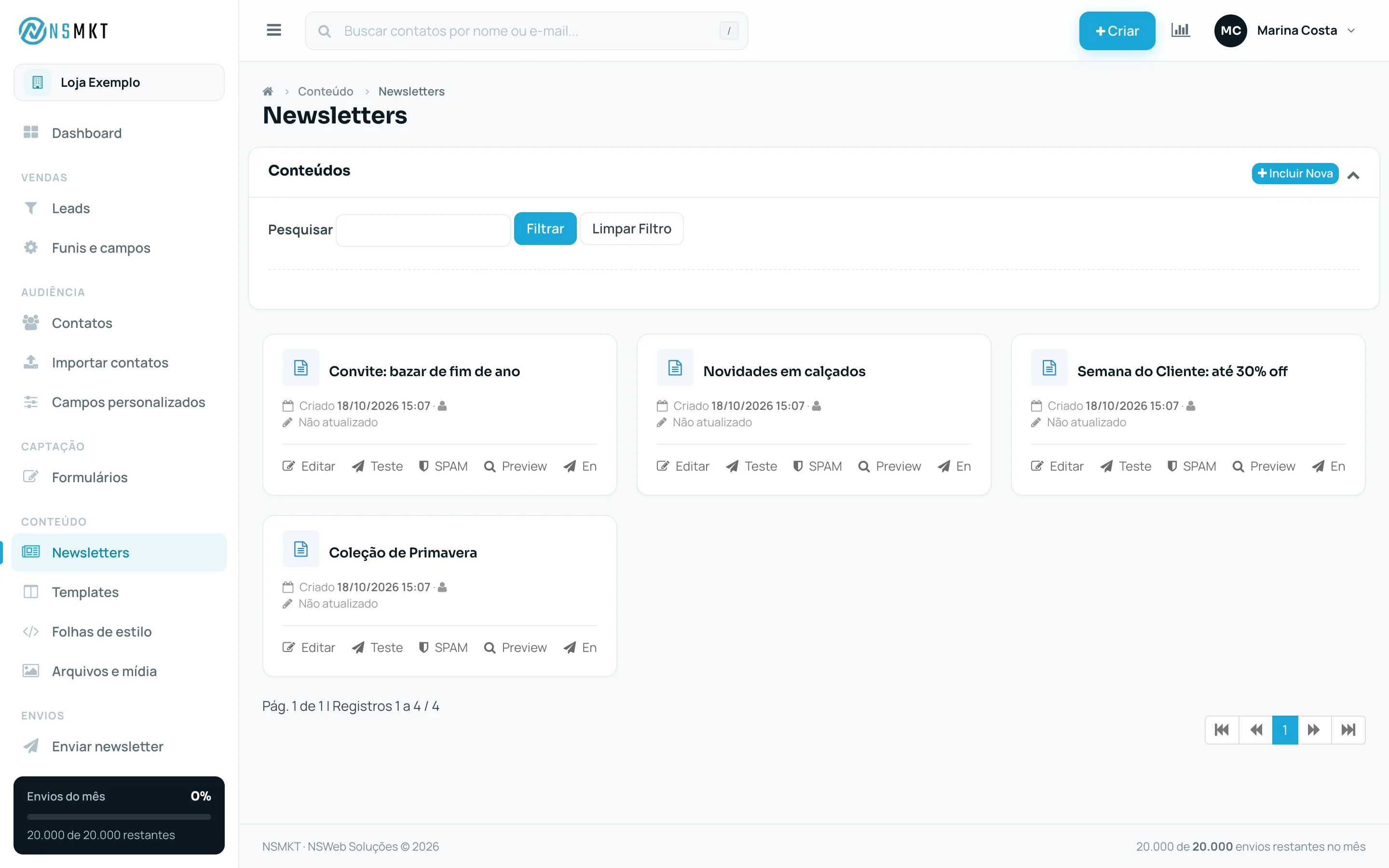 Lista de newsletters em cartões