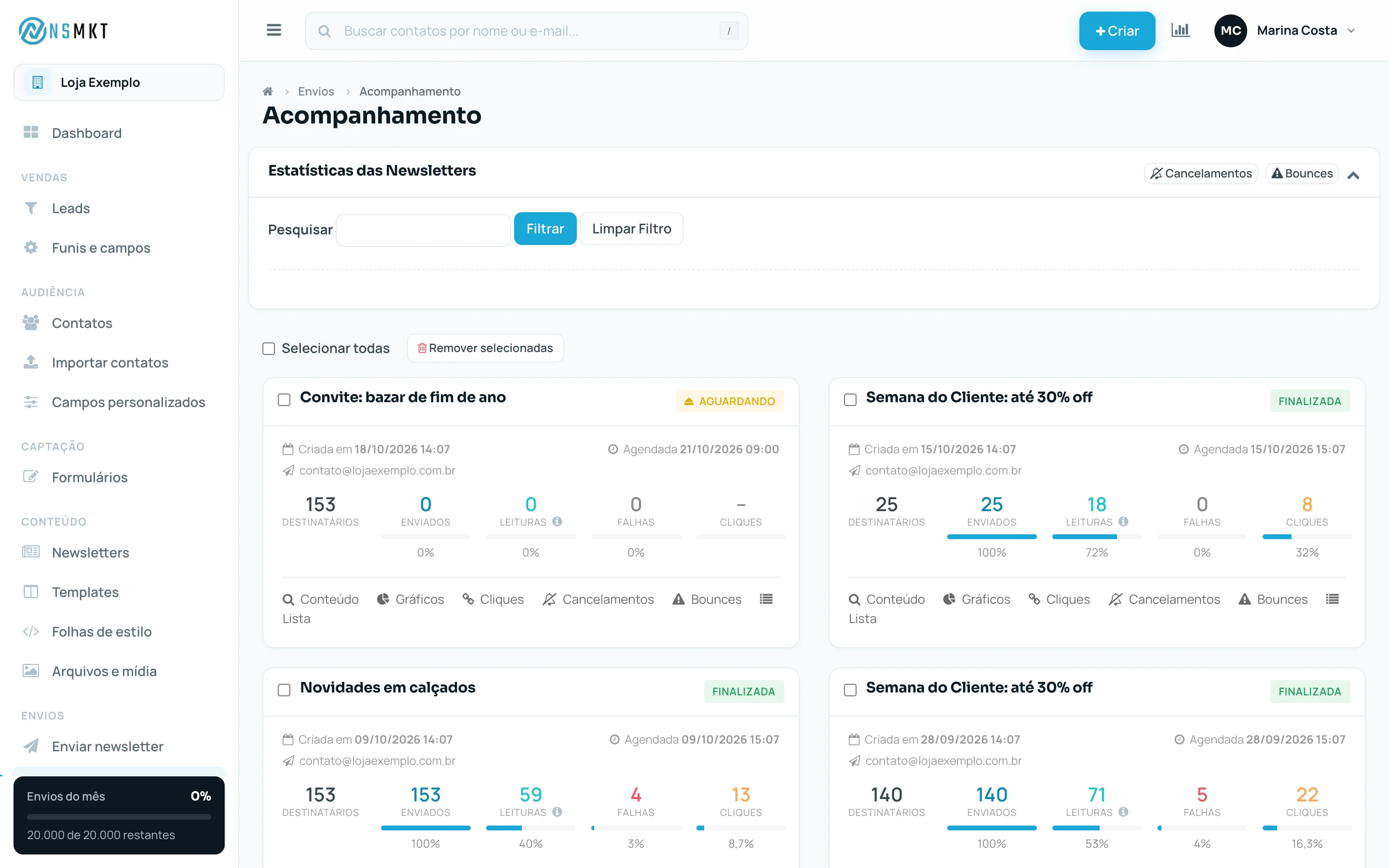 Cartões de acompanhamento das newsletters