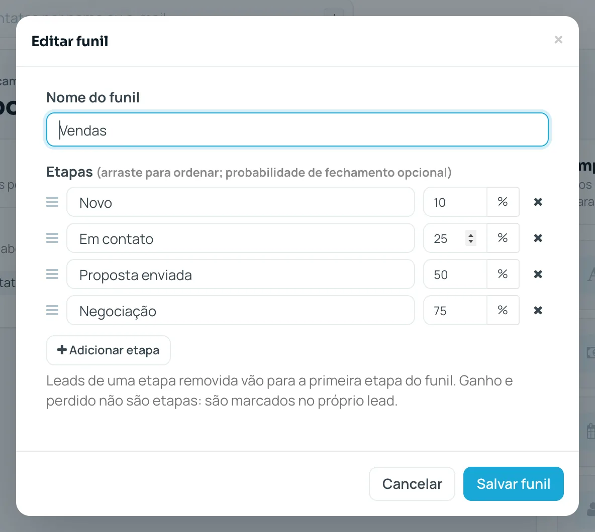 Janela de edição do funil com as etapas